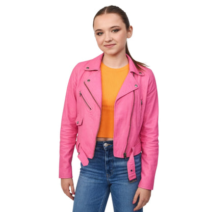 Person wearing a pink jacket, orange shirt, and blue jeans on a white background