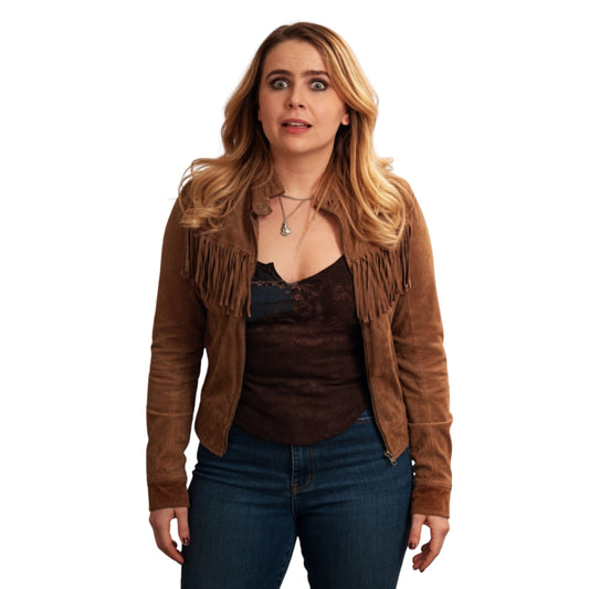 Woman wearing a brown suede jacket with fringe on a white background