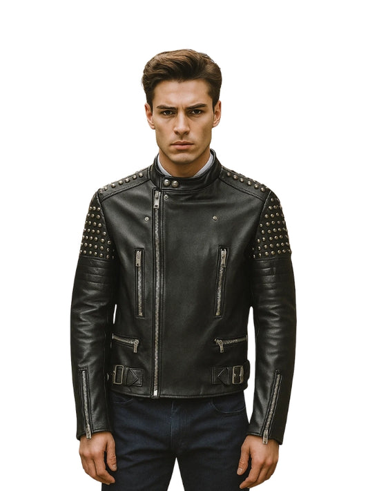 Maestro Black Studded Biker Leather Jacket
