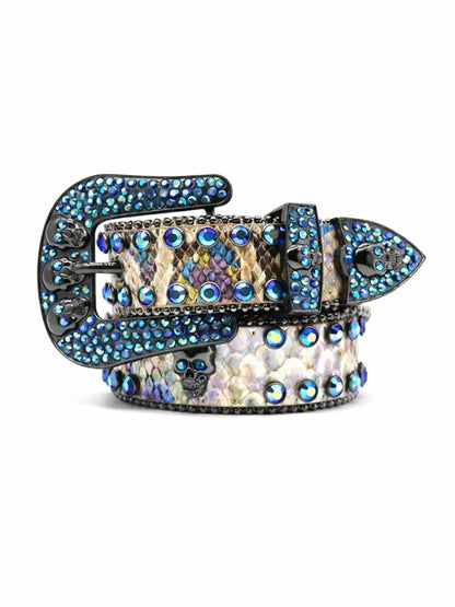 Skull Buckle Blue Rhinestone Western Belt