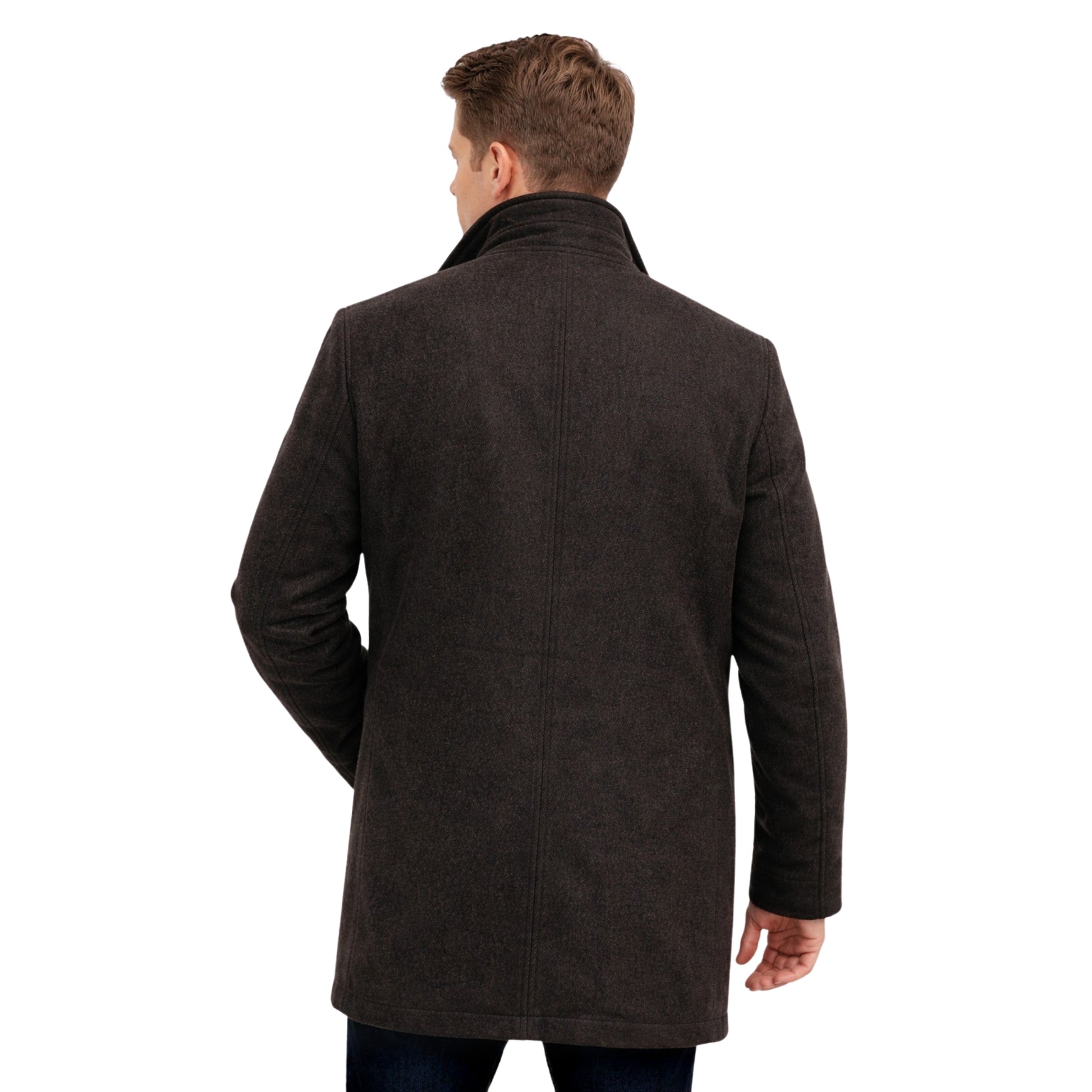 Man wearing a brown coat on a white background