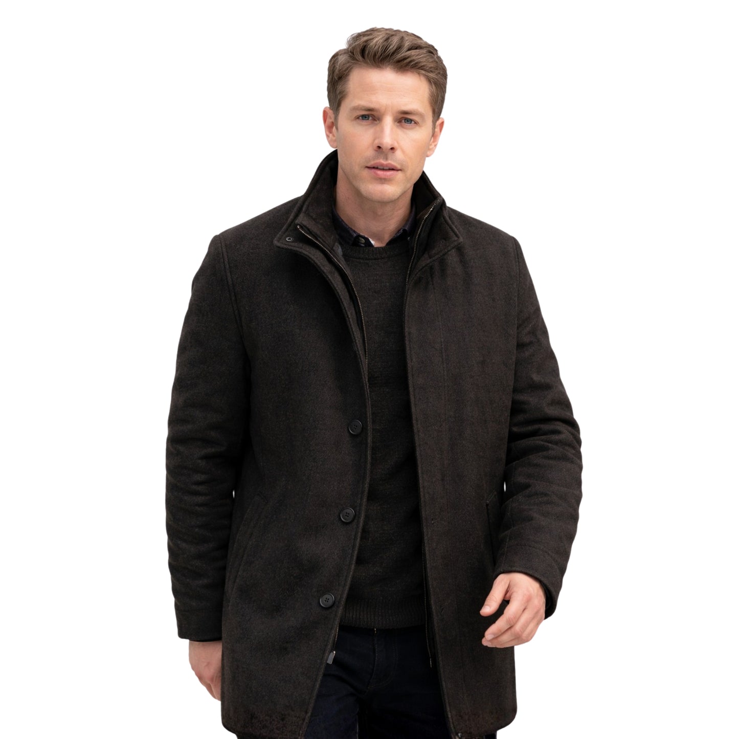 Man wearing a dark coat on a white background