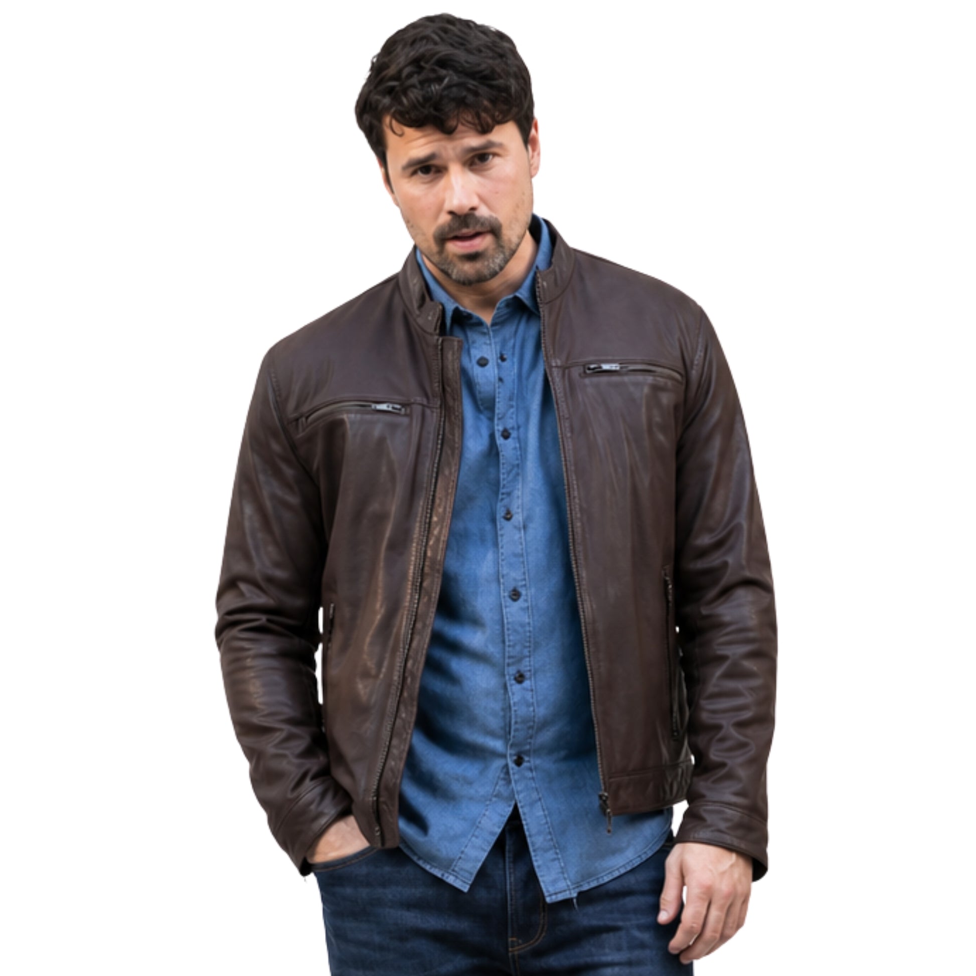 Man wearing a brown leather jacket over a blue shirt on a white background