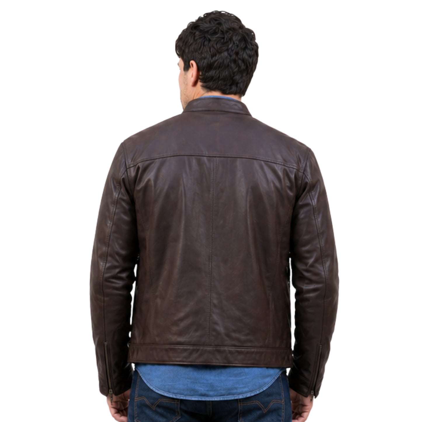 Man wearing a brown leather jacket on a white background