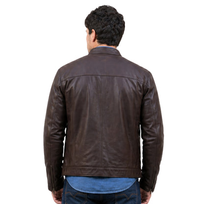Man wearing a brown leather jacket on a white background