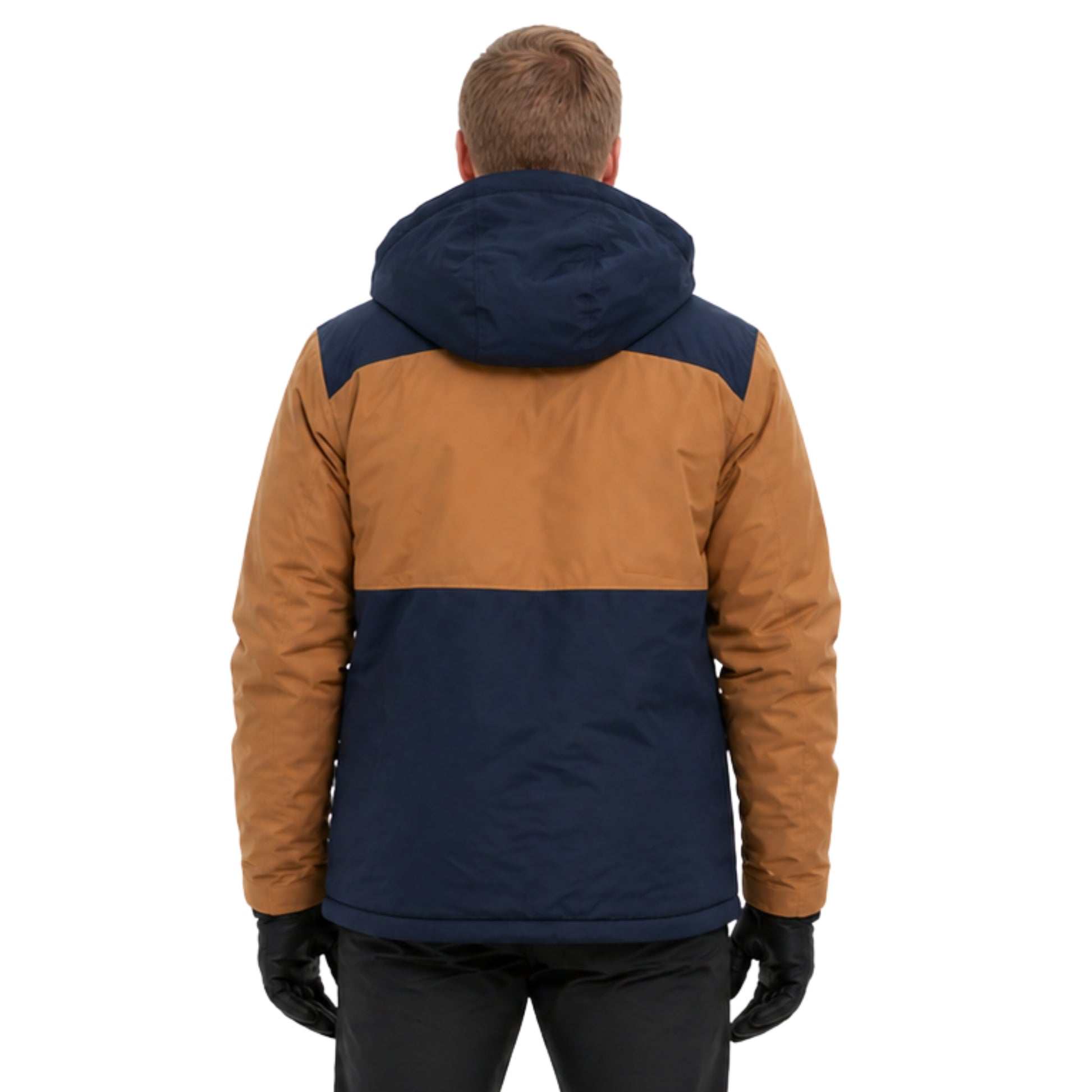 Person wearing a two-tone brown and navy jacket on a white background