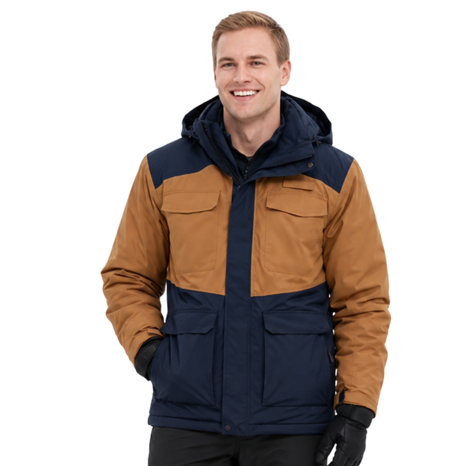 Man wearing a brown and navy jacket on a white background