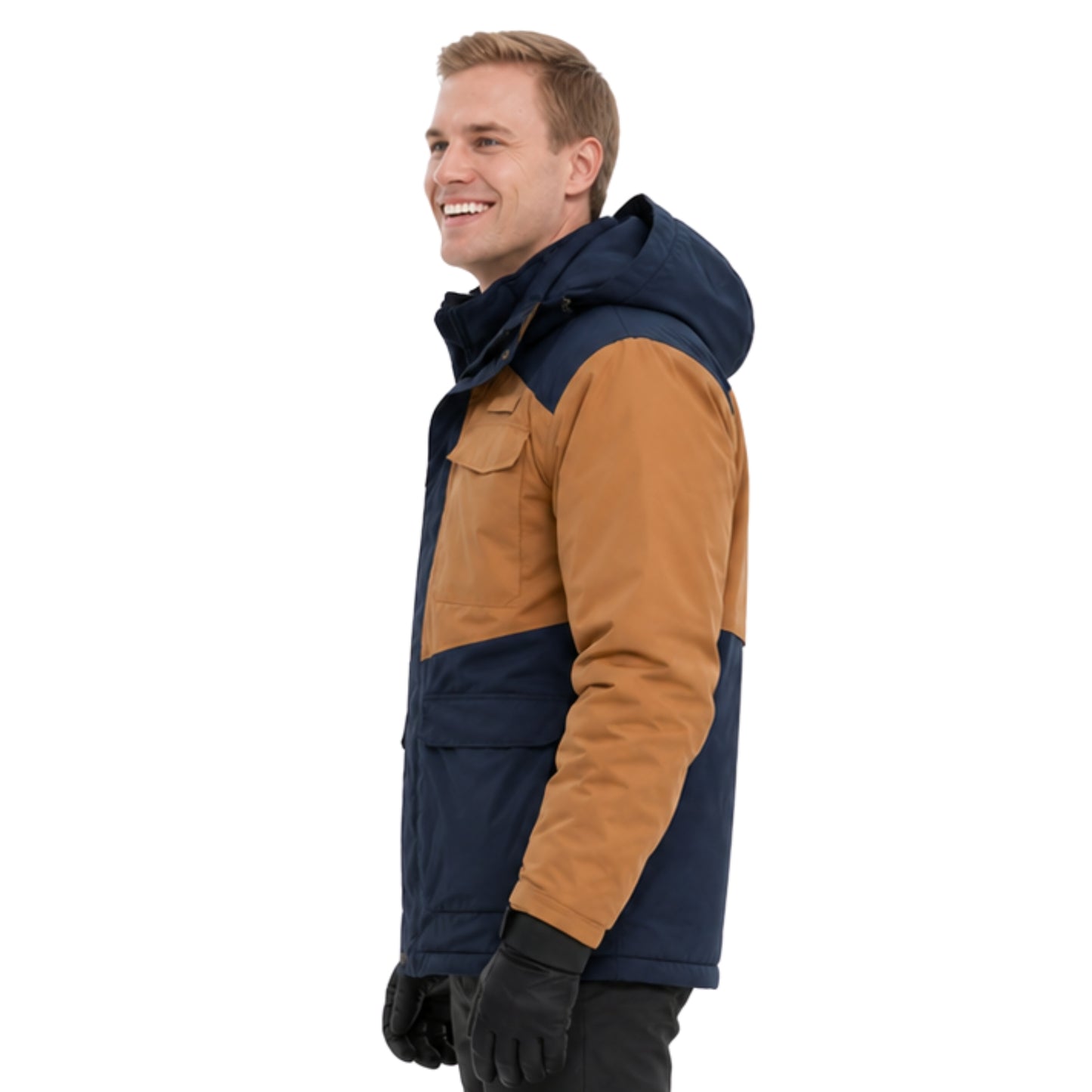 Man wearing a two-tone jacket with navy and brown colors on a white background