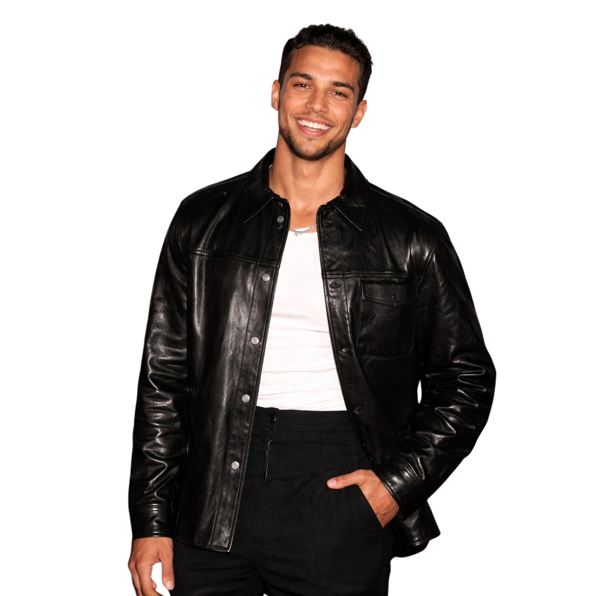 Man wearing a black leather jacket on a white background