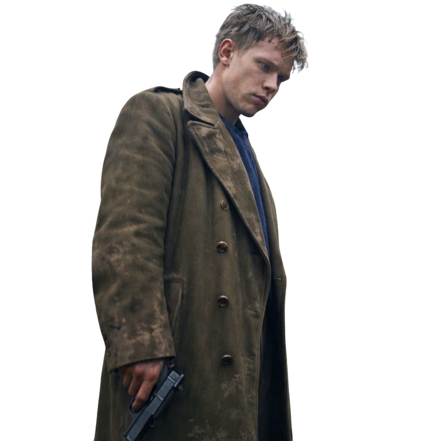 Man wearing a long brown coat holding a gun on a white background