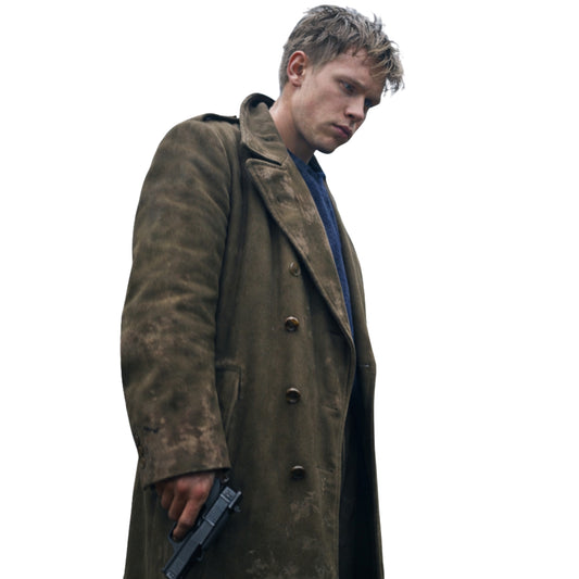 Man wearing a long brown coat holding a gun on a white background