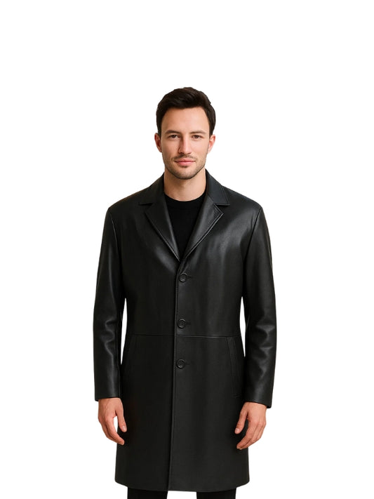 Mateo Black Single Breasted Leather Coat