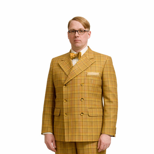 Man wearing a yellow plaid suit with a bow tie on a white background