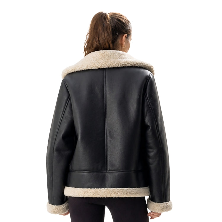 Black leather jacket with beige shearling collar and cuffs on a white background