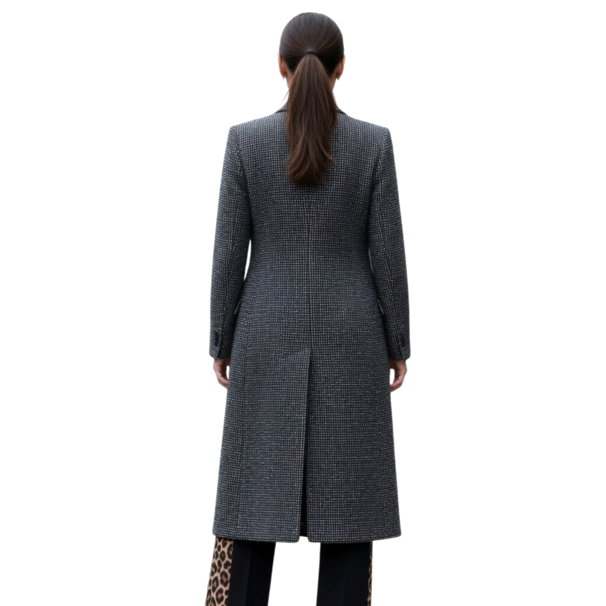 Person wearing a long gray checkered coat on a white background