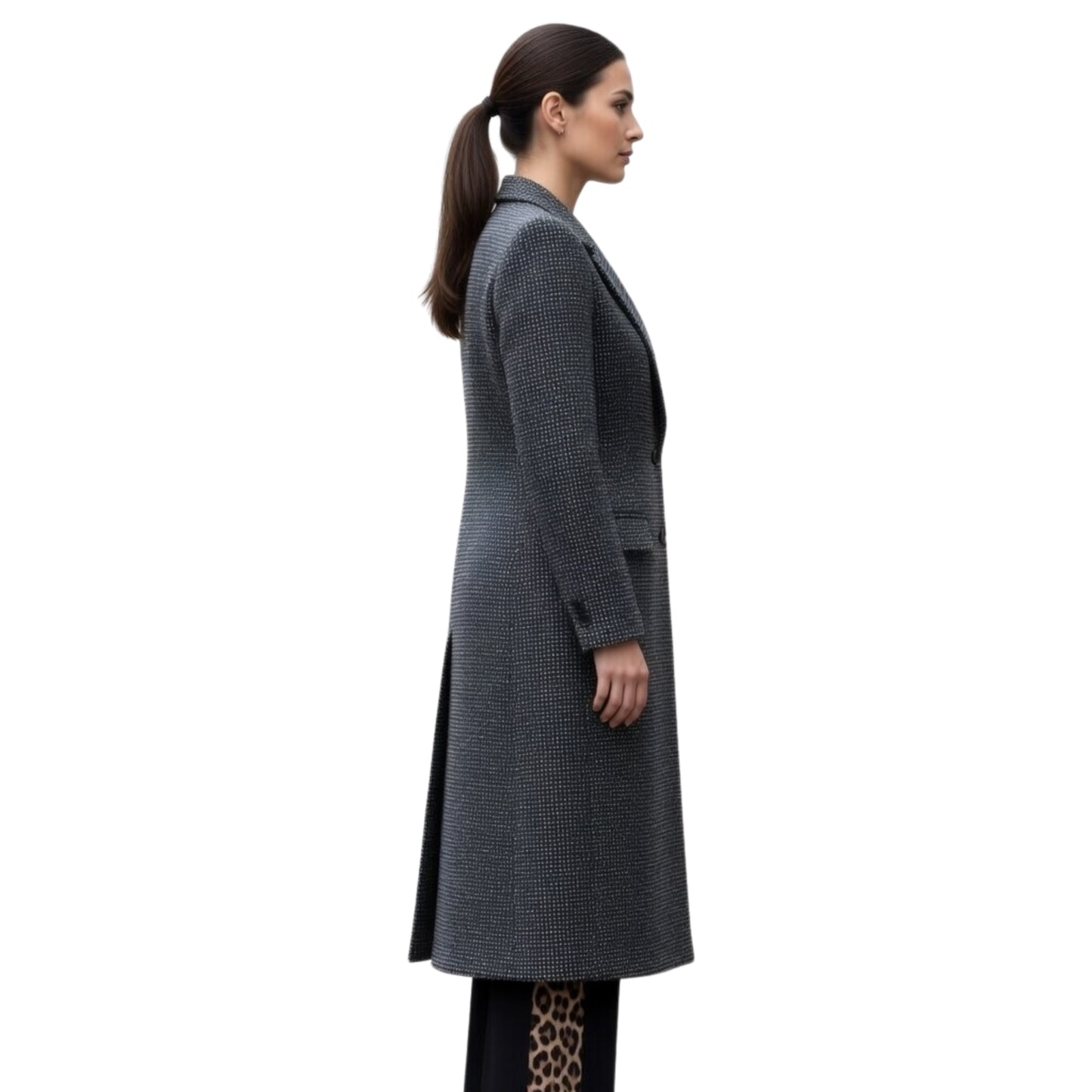 Woman wearing a long gray coat on a white background
