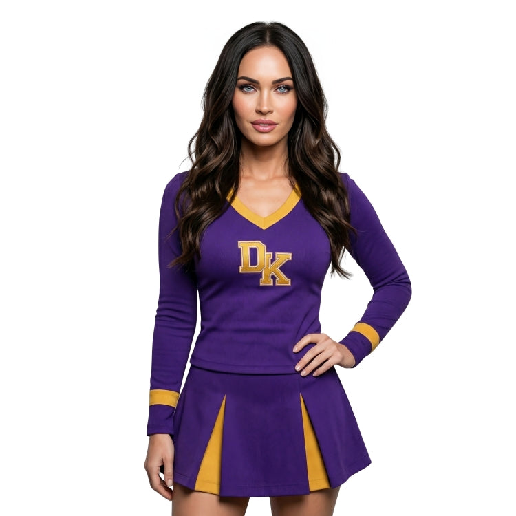 Woman wearing a purple and gold cheerleading outfit with 'DK' logo on a white background