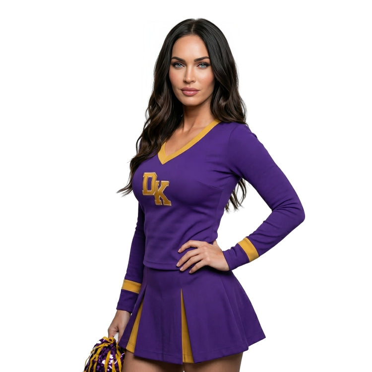 Woman wearing a purple cheerleading outfit with 'OK' on a white background