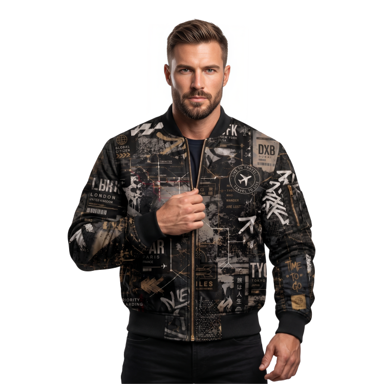 Men's Graphic Print Travel Bomber Jacket