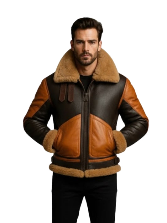 Man wearing a brown and black leather jacket with fur lining on a white background