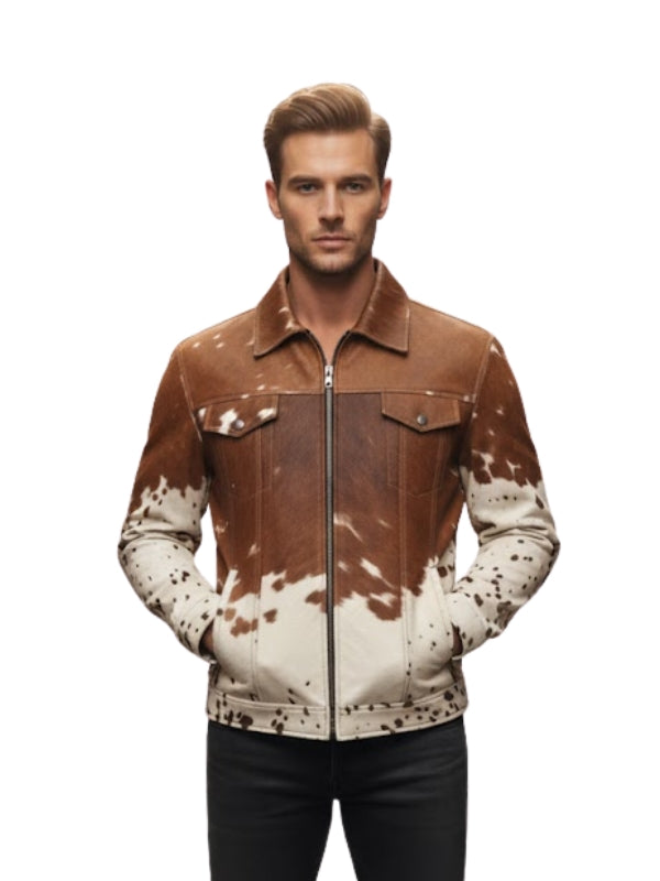 Man wearing a brown and white cowhide leather jacket on a white background