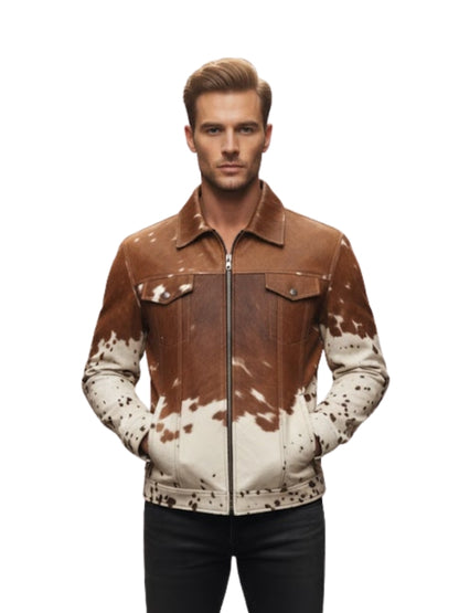 Man wearing a brown and white cowhide leather jacket on a white background
