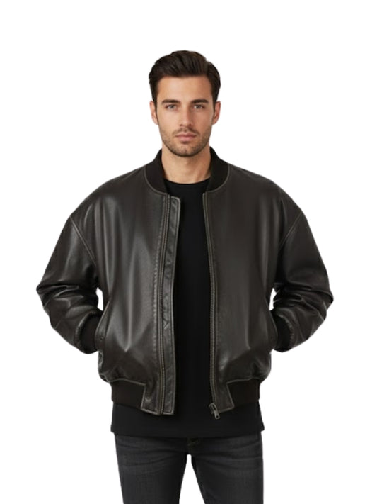 Man wearing a black leather bomber jacket on a white background