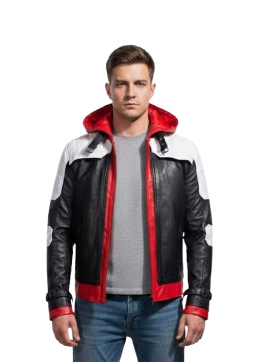 Man wearing a black, white, and red jacket on a white background