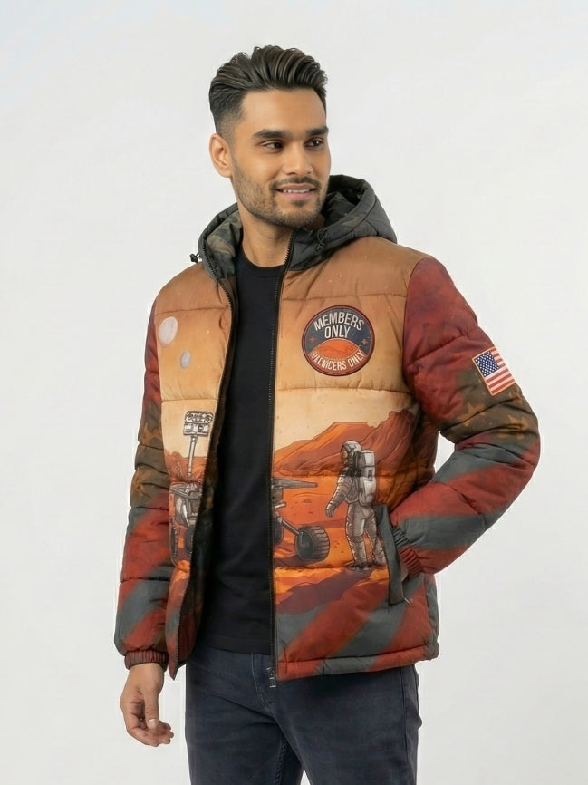 Man wearing a patterned jacket with 'Members Only' branding on a white background