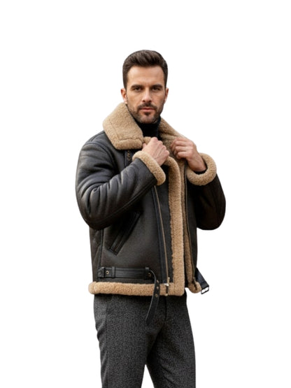 Men's Aviator Flying Raf Belted B3 Shearling Bomber Jacket Black