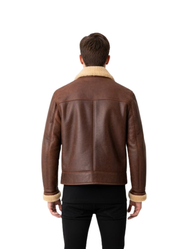 Men's Aviator Genuine Sheepskin Shearling Slim Fit Brown B3 Bomber Leather Jacket