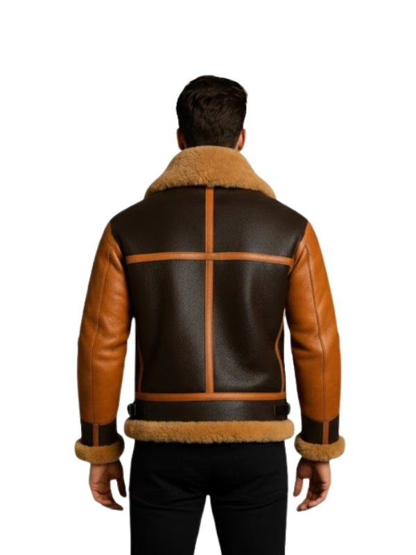 Brown leather jacket with fur lining on a white background