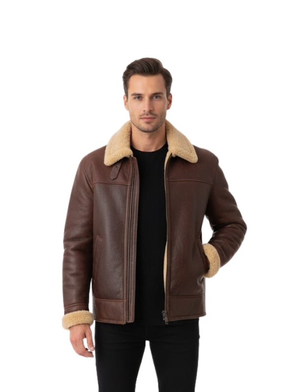Men's Aviator Sheepskin Shearling B3 Bomber Brown Leather Jacket