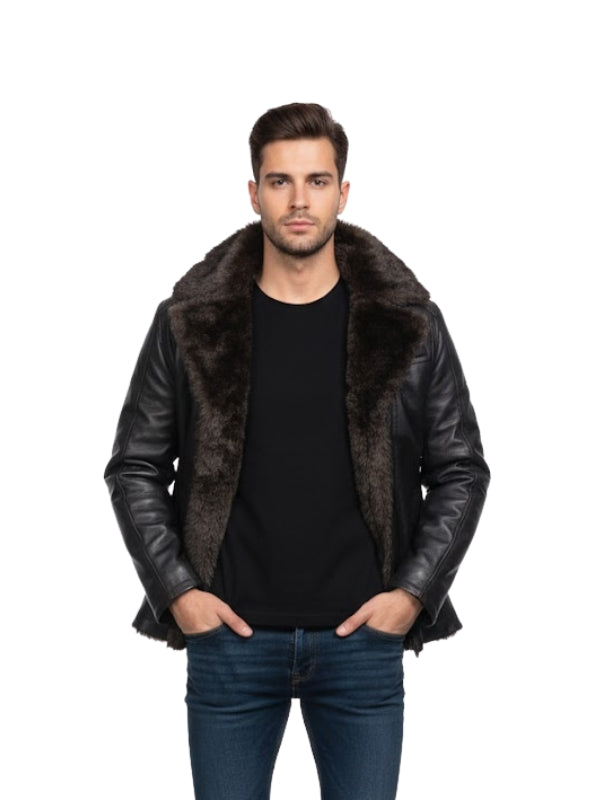 Men's Aviator Sheepskin With Faux Fur Black Bomber Jacket