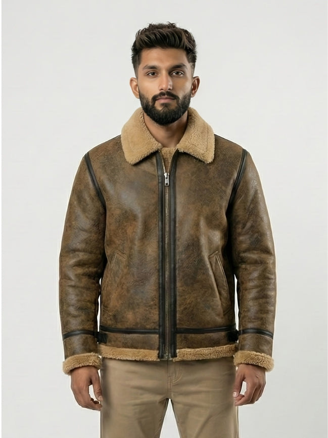 Man wearing a brown leather jacket with fur collar on a white background
