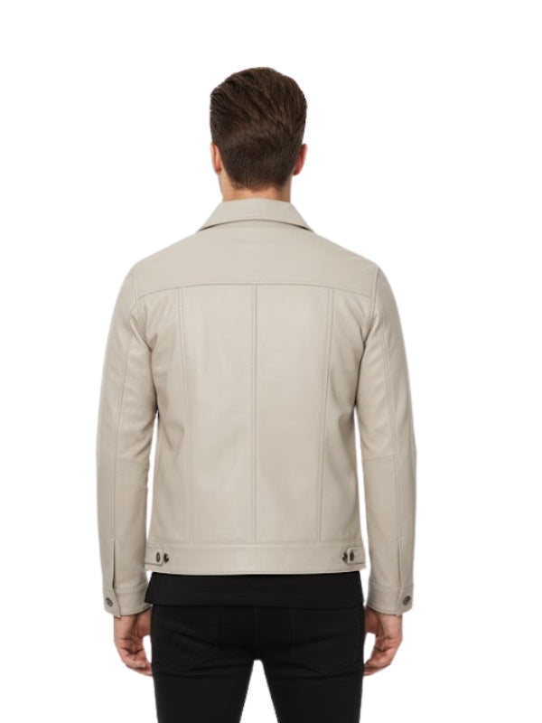 Man wearing a beige jacket on a white background