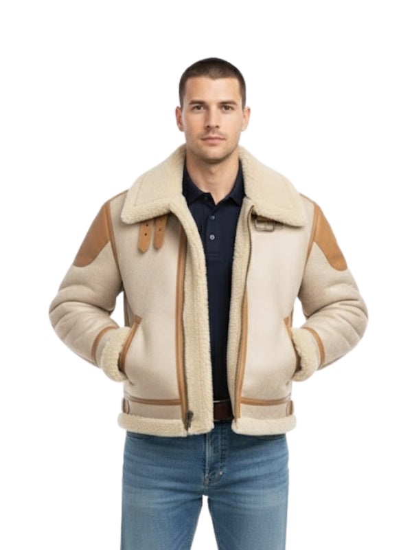 Man wearing a beige shearling jacket with brown accents on a white background