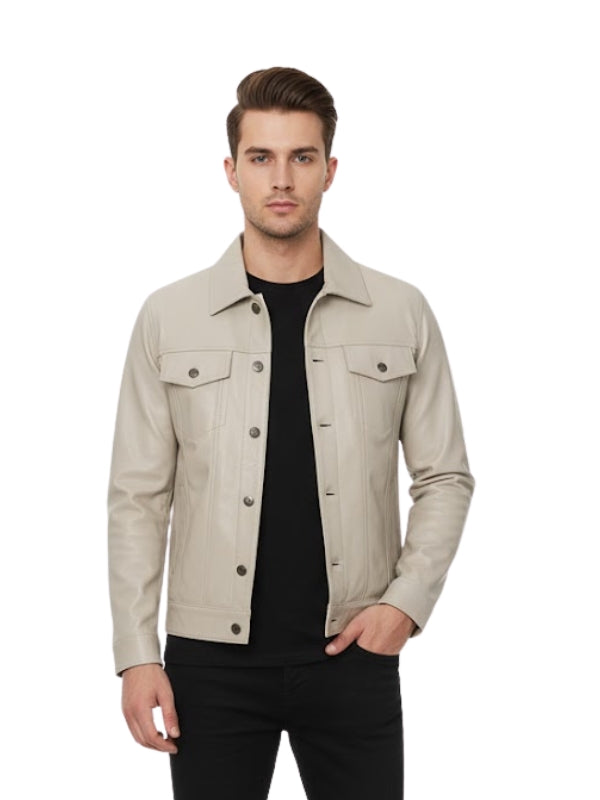 Man wearing a beige jacket over a black shirt on a white background