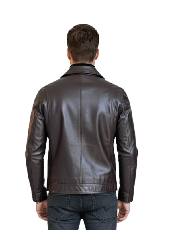 Man wearing a brown leather jacket on a white background