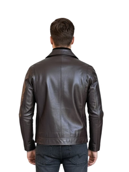 Man wearing a brown leather jacket on a white background