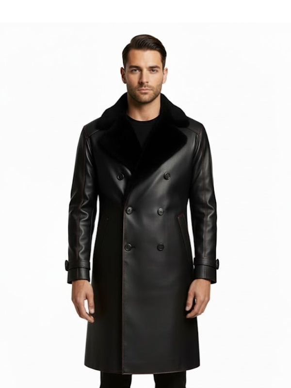 Man wearing a black leather coat on a white background