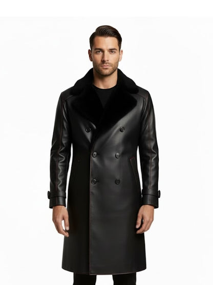 Man wearing a black leather coat on a white background