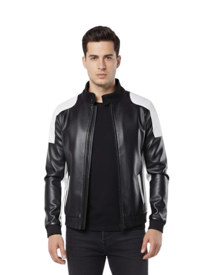 Man wearing a black leather jacket with white accents on a white background