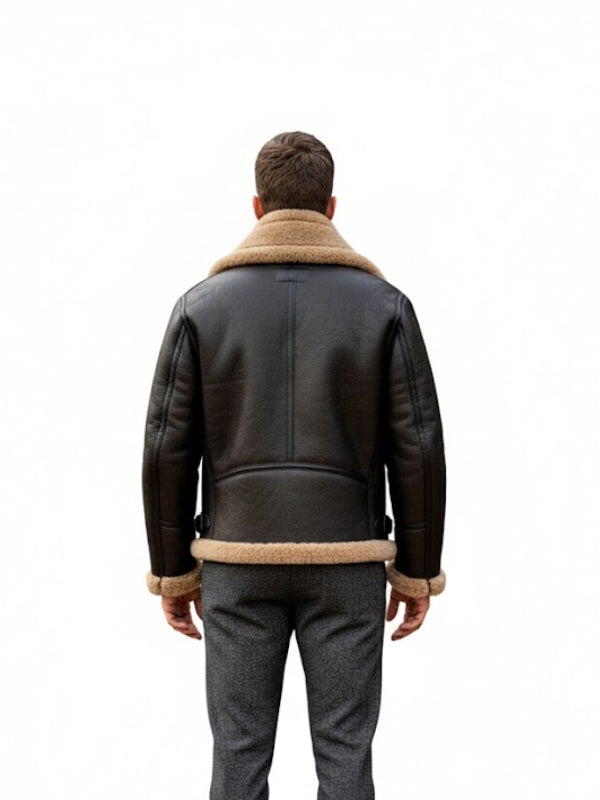 Men's Black Belted B3 Raf Pilot Bomber Sheepskin Shearling Leather Jacket