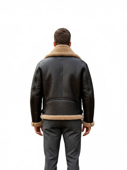 Men's Black Belted B3 Raf Pilot Bomber Sheepskin Shearling Leather Jacket