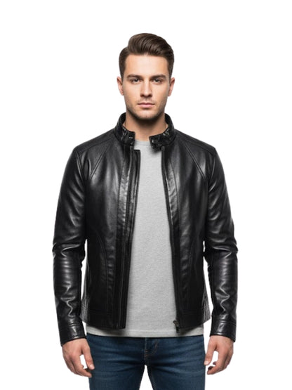 Man wearing a black leather jacket on a white background