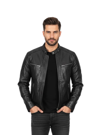 Man wearing a black leather jacket on a white background