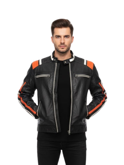 Man wearing a black leather jacket with orange accents on a white background