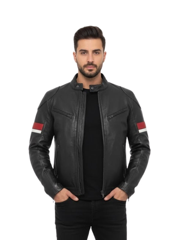 Man wearing a black leather jacket with red and white accents on a white background