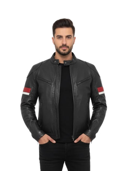 Man wearing a black leather jacket with red and white accents on a white background